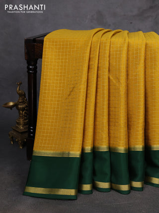 Mustard Yellow & Green Pure Mysore Silk - Checks