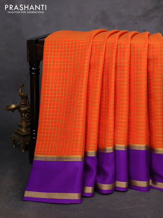 Orange & Purple Pure Mysore Silk - Checks