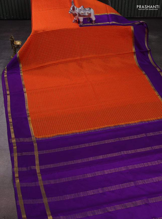 Orange & Purple Pure Mysore Silk - Checks
