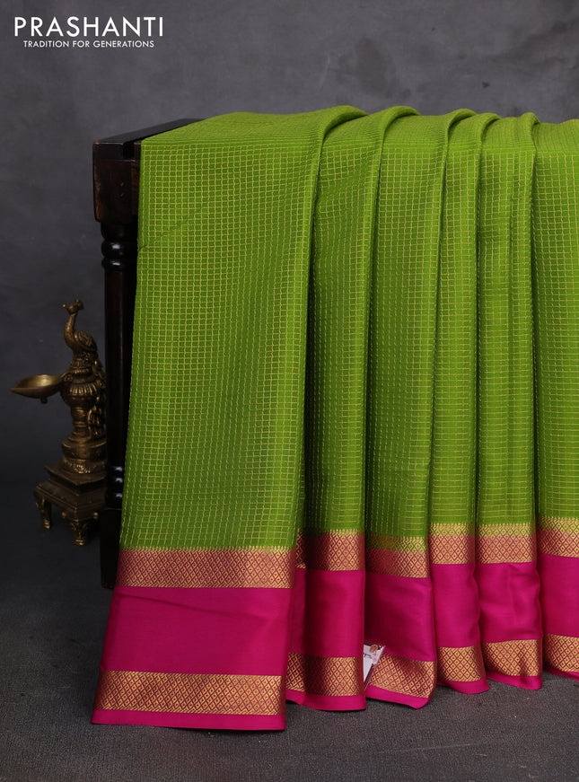 Green & Pink Pure Mysore Silk - Checks