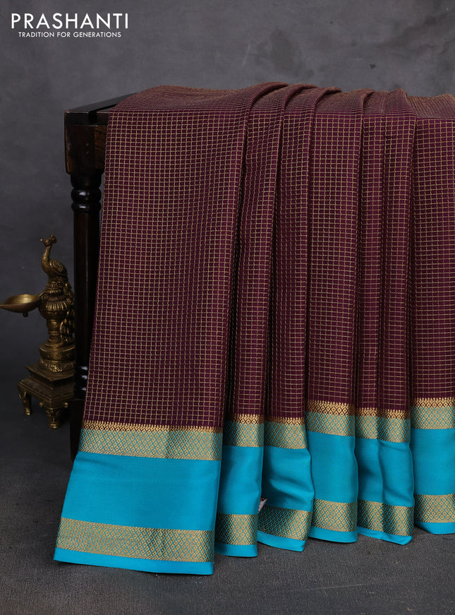 Wine & Teal Blue Pure Mysore Silk - Checks