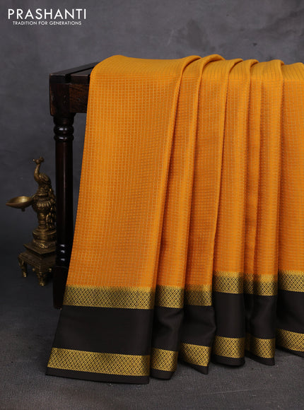 Mustard Yellow & Coffee Brown Pure Mysore Silk - Checks