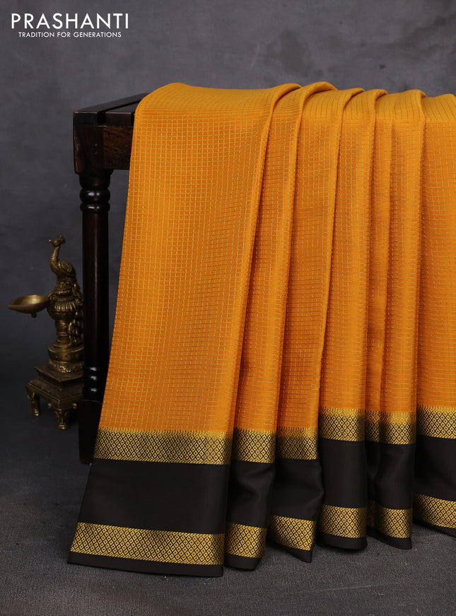 Mustard Yellow & Coffee Brown Pure Mysore Silk - Checks