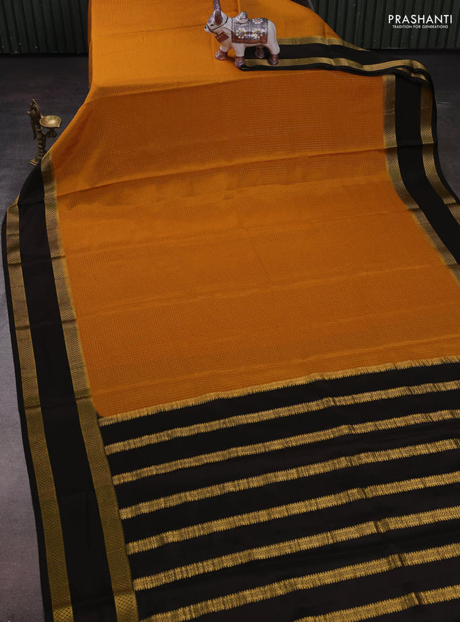 Mustard Yellow & Coffee Brown Pure Mysore Silk - Checks