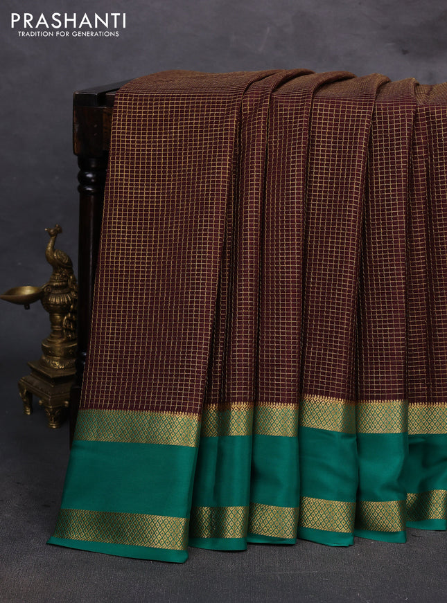 Coffee Brown & Green Pure Mysore Silk - Checks