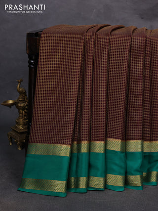 Coffee Brown & Green Pure Mysore Silk - Checks