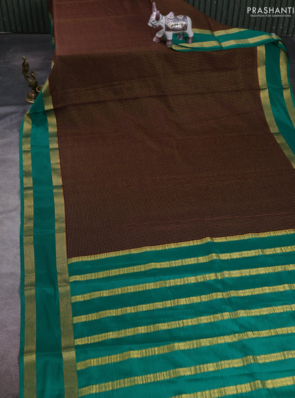Coffee Brown & Green Pure Mysore Silk - Checks