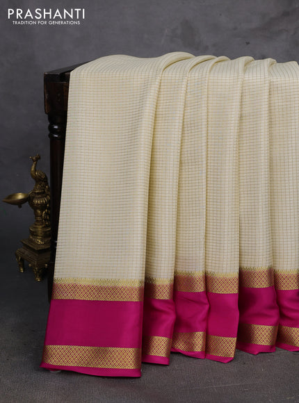 Cream & Pink Pure Mysore Silk - Checks