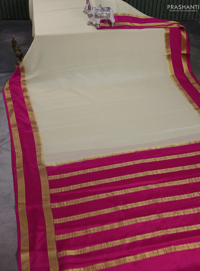 Cream & Pink Pure Mysore Silk - Checks