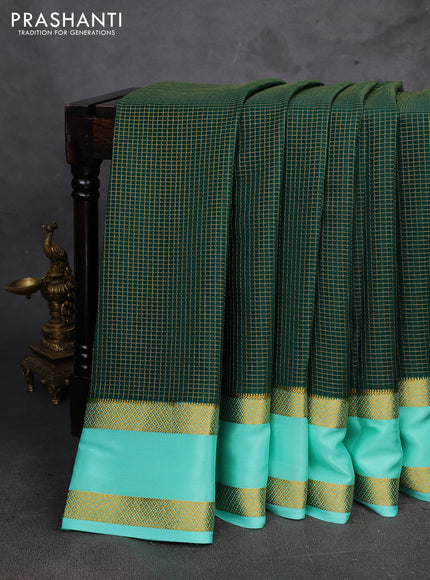 Bottle Green & Teal Green Pure Mysore Silk - Checks