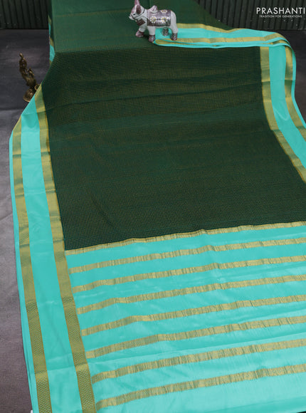 Bottle Green & Teal Green Pure Mysore Silk - Checks