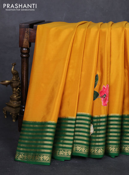 Mustard Yellow & Green Mysore Silk - Applique Work