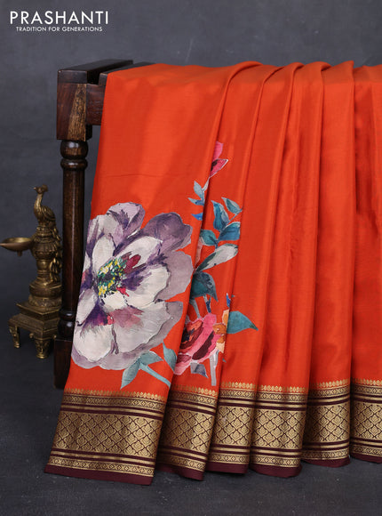 Orange & Coffee Brown Mysore Silk - Applique Work