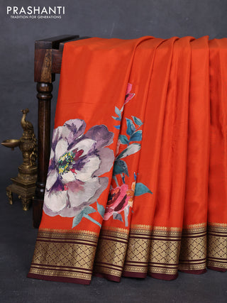 Orange & Coffee Brown Mysore Silk - Applique Work