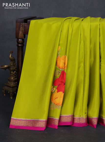 Lime Green & Pink Mysore Silk - Applique Work