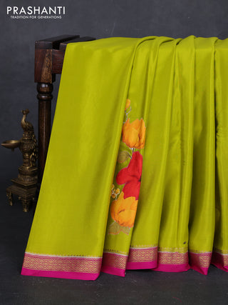 Lime Green & Pink Mysore Silk - Applique Work
