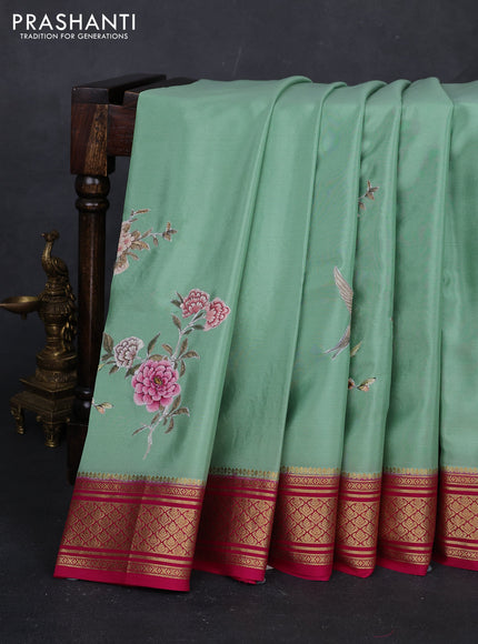 Pastel Green & Pink Mysore Silk - Applique Work