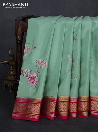 Pastel Green & Pink Mysore Silk - Applique Work