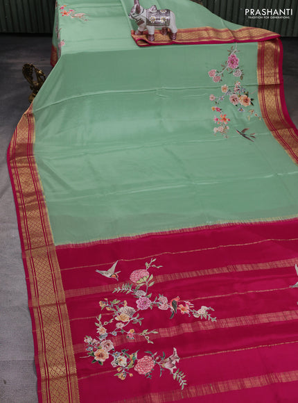 Pastel Green & Pink Mysore Silk - Applique Work