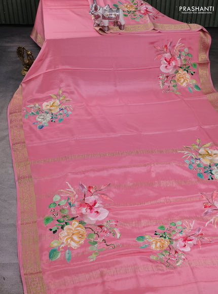 Peach Pink Mysore Silk - Applique Work