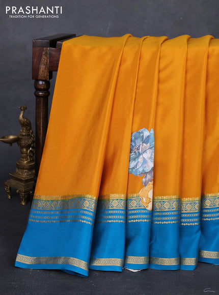 Mustard Yellow & Cs Blue Mysore Silk - Applique Work