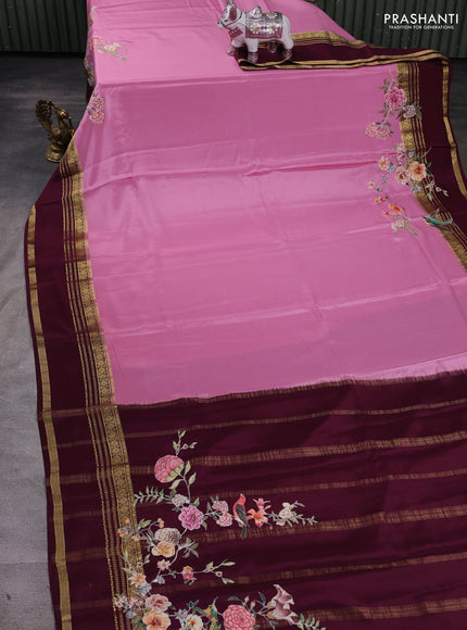 Pink & Wine Mysore Silk - Applique Work