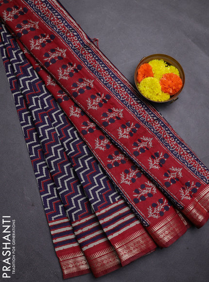 Navy Blue & Maroon Semi Maheshwari Cotton Saree