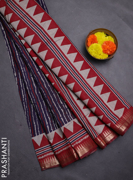 Navy Blue & Maroon Semi Maheshwari Cotton Saree