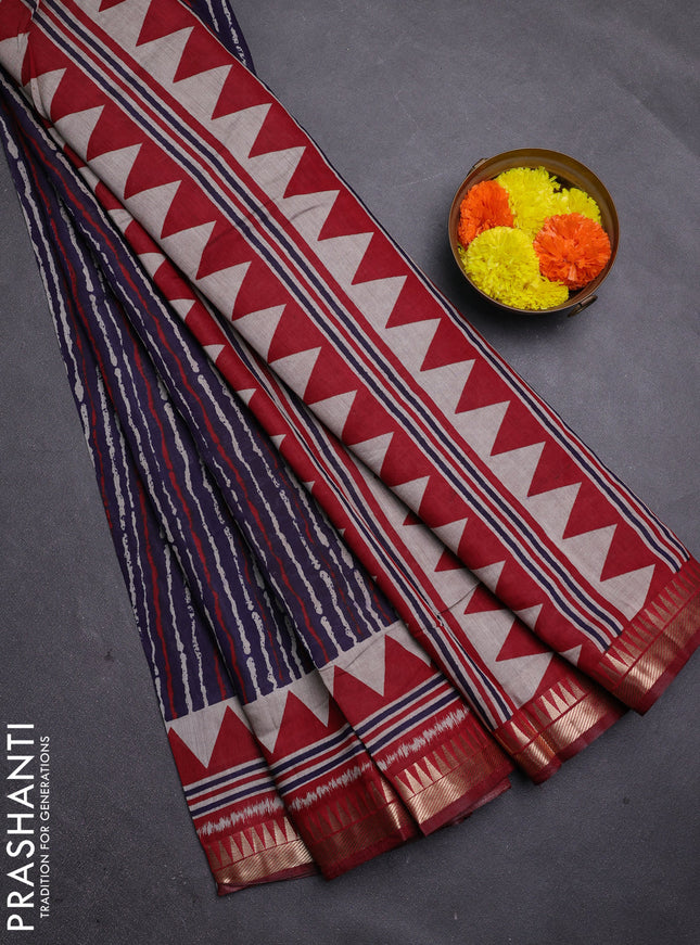 Navy Blue & Maroon Semi Maheshwari Cotton Saree