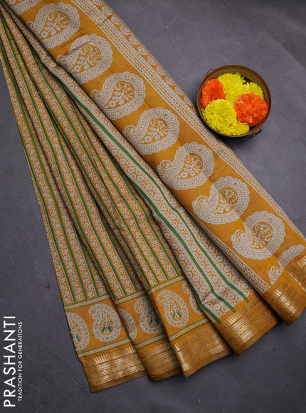 Green & Mustard Yellow Semi Maheshwari Cotton Saree