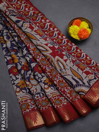 Navy Blue & Maroon Semi Maheshwari Cotton Saree
