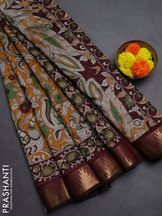 Mustard Yellow & Maroon Semi Maheshwari Cotton Saree