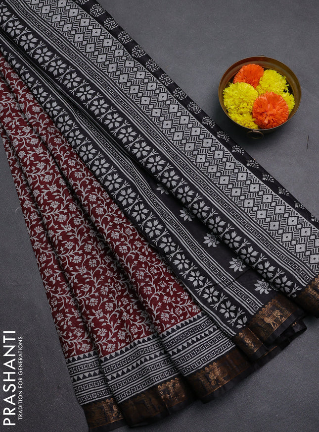 Maroon & Black Semi Maheshwari Cotton Saree
