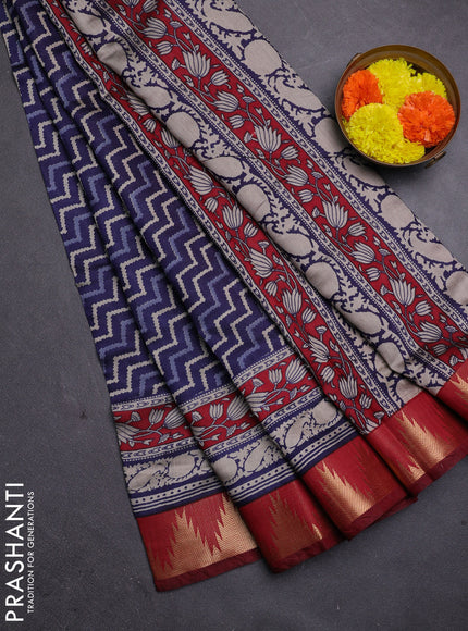 Navy Blue & Maroon Semi Maheshwari Cotton Saree