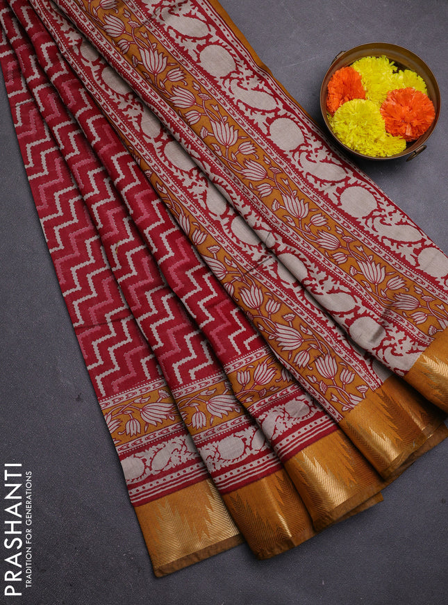 Red & Mustard Yellow Semi Maheshwari Cotton Saree