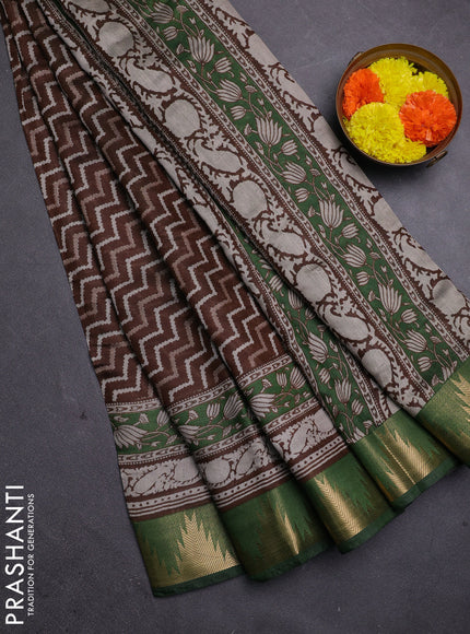 Brown & Green Semi Maheshwari Cotton Saree