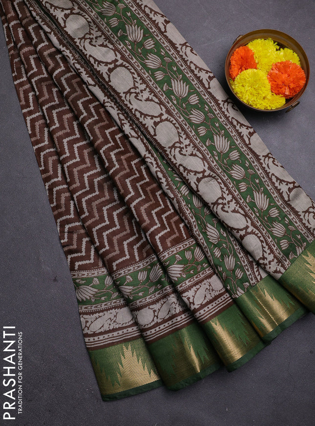 Brown & Green Semi Maheshwari Cotton Saree