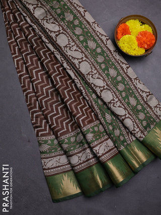 Brown & Green Semi Maheshwari Cotton Saree