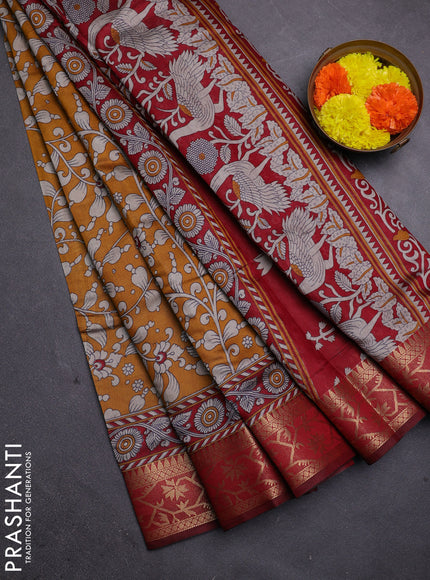 Mustard Yellow & Maroon Semi Maheshwari Cotton Saree