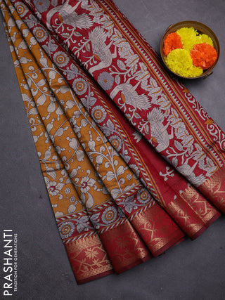 Mustard Yellow & Maroon Semi Maheshwari Cotton Saree