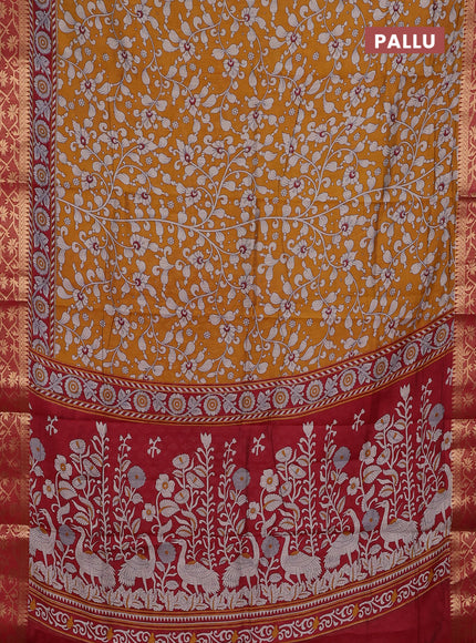 Mustard Yellow & Maroon Semi Maheshwari Cotton Saree