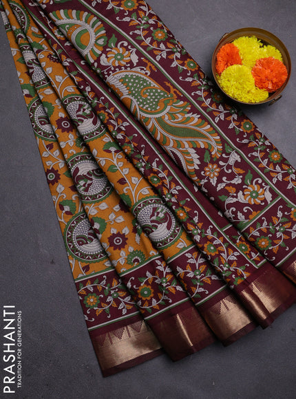 Mustard Yellow & Maroon Semi Maheshwari Cotton Saree
