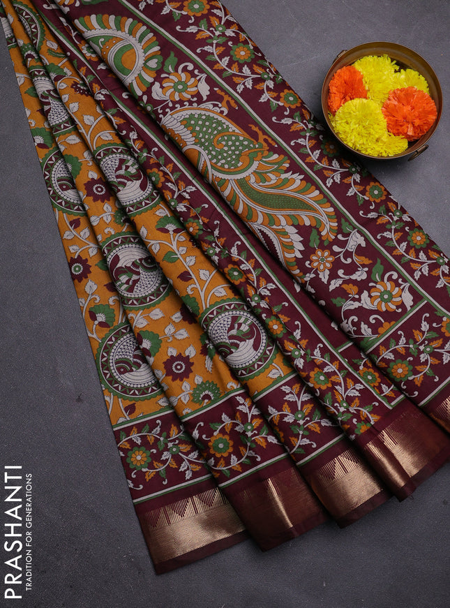 Mustard Yellow & Maroon Semi Maheshwari Cotton Saree