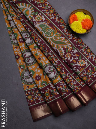 Mustard Yellow & Maroon Semi Maheshwari Cotton Saree