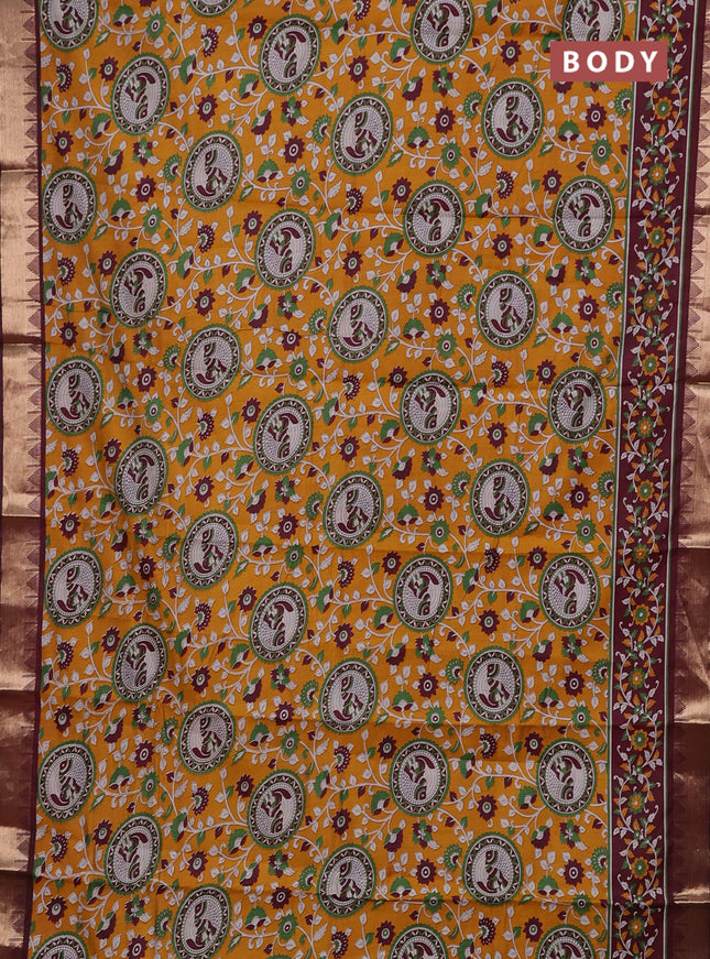 Mustard Yellow & Maroon Semi Maheshwari Cotton Saree