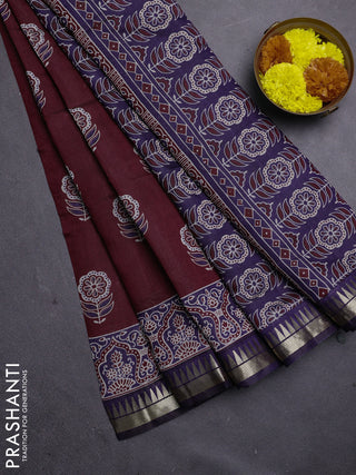 Maroon & Navy Blue Semi Maheshwari Cotton Saree