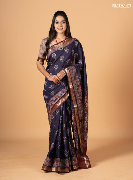 Navy Blue & Maroon Semi Maheshwari Cotton Saree