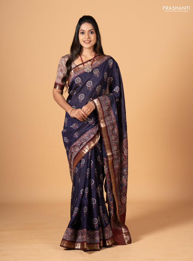 Navy Blue & Maroon Semi Maheshwari Cotton Saree