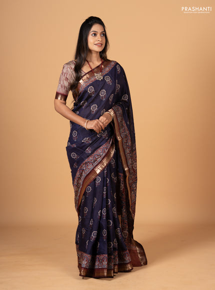 Navy Blue & Maroon Semi Maheshwari Cotton Saree