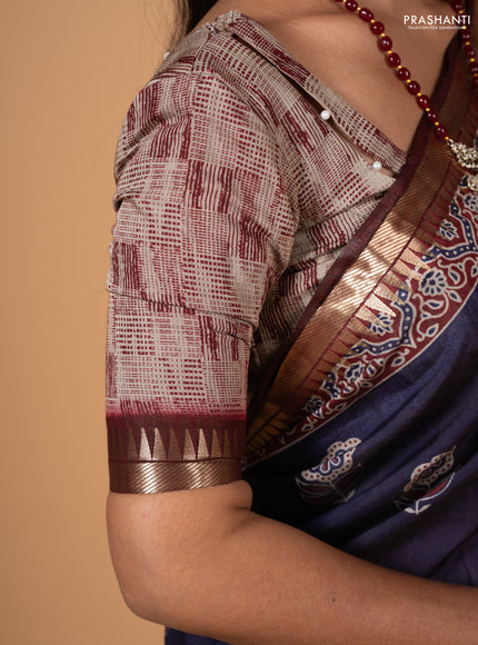 Navy Blue & Maroon Semi Maheshwari Cotton Saree